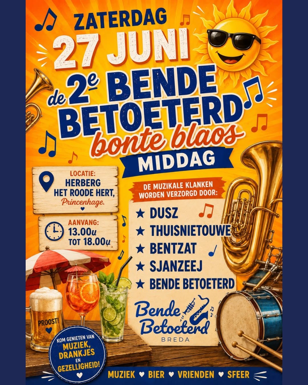 Bende Betoeterd, Bonte Blaos Middag, Princenhage evenementen, Het Roode Hert, Live muziek Princenhage, Haagsemarkt