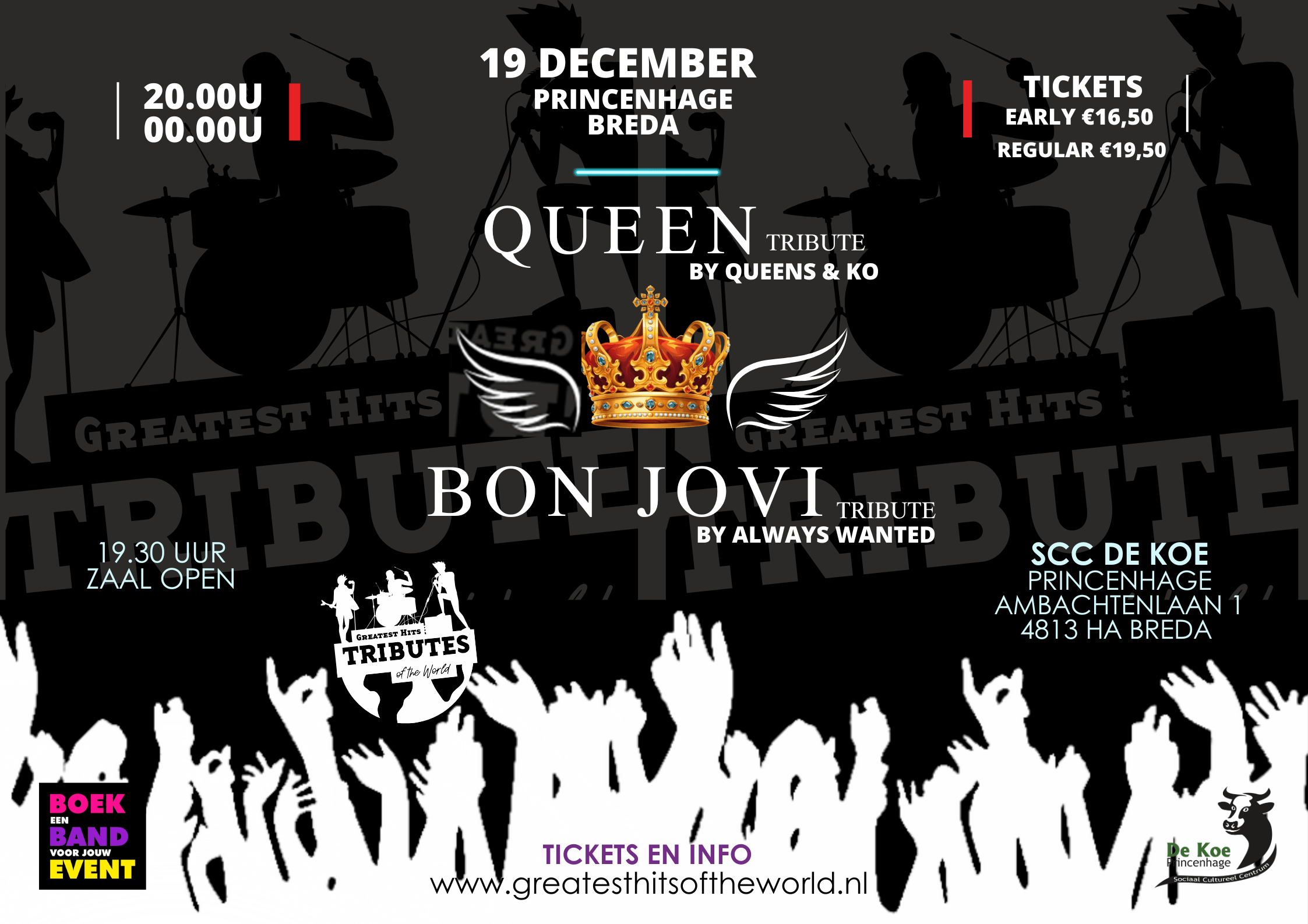 Princenhage, Breda, Live Muziek, Tribute Bands, SCC de Koe, Buro Berbers, Uitgaan Breda, Queen, Bon Jovi, Queens & Co, Always Wanted