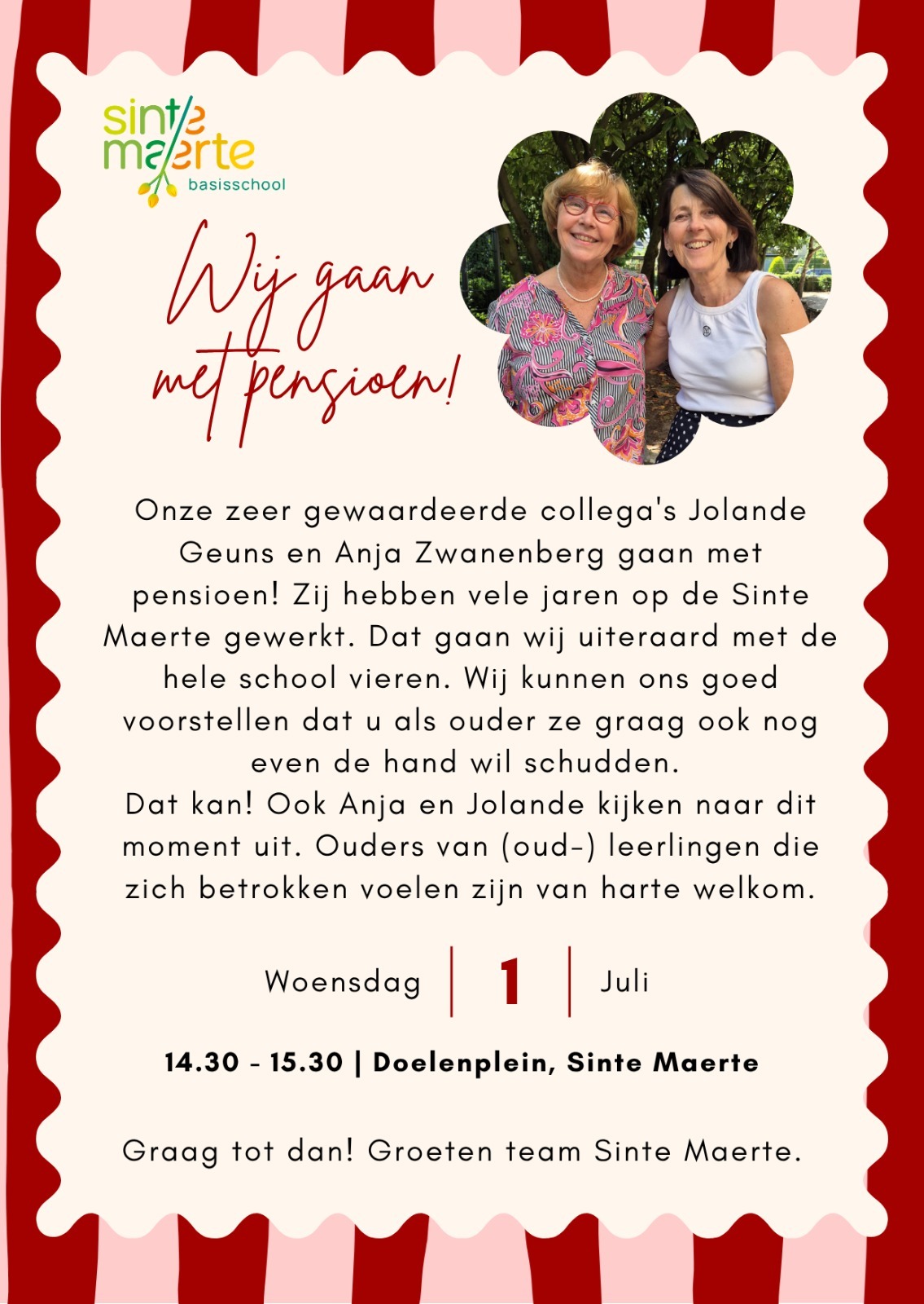 Sinte Maerte, Jolande Geuns, Anja Zwanenberg, Afscheid juf basisschool, Pensioen